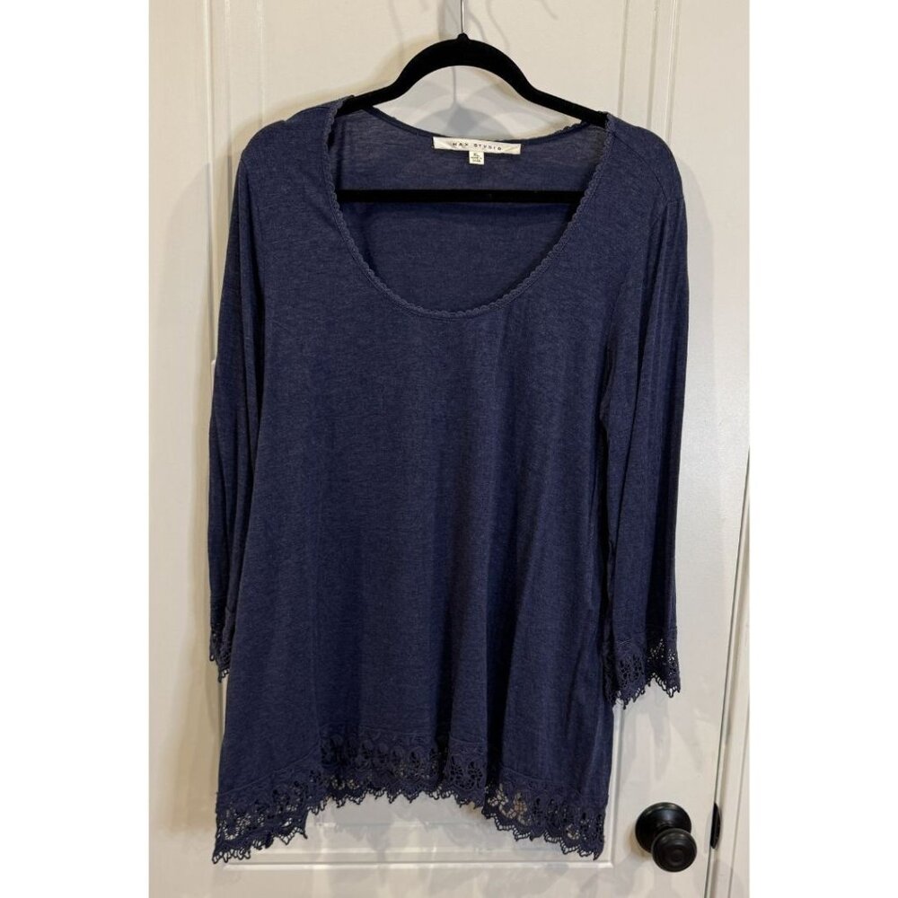 Max Studio XL Navy Blue Tunic Top Lace Trim Details Scoop Neck 3/4 Sleeves EUC